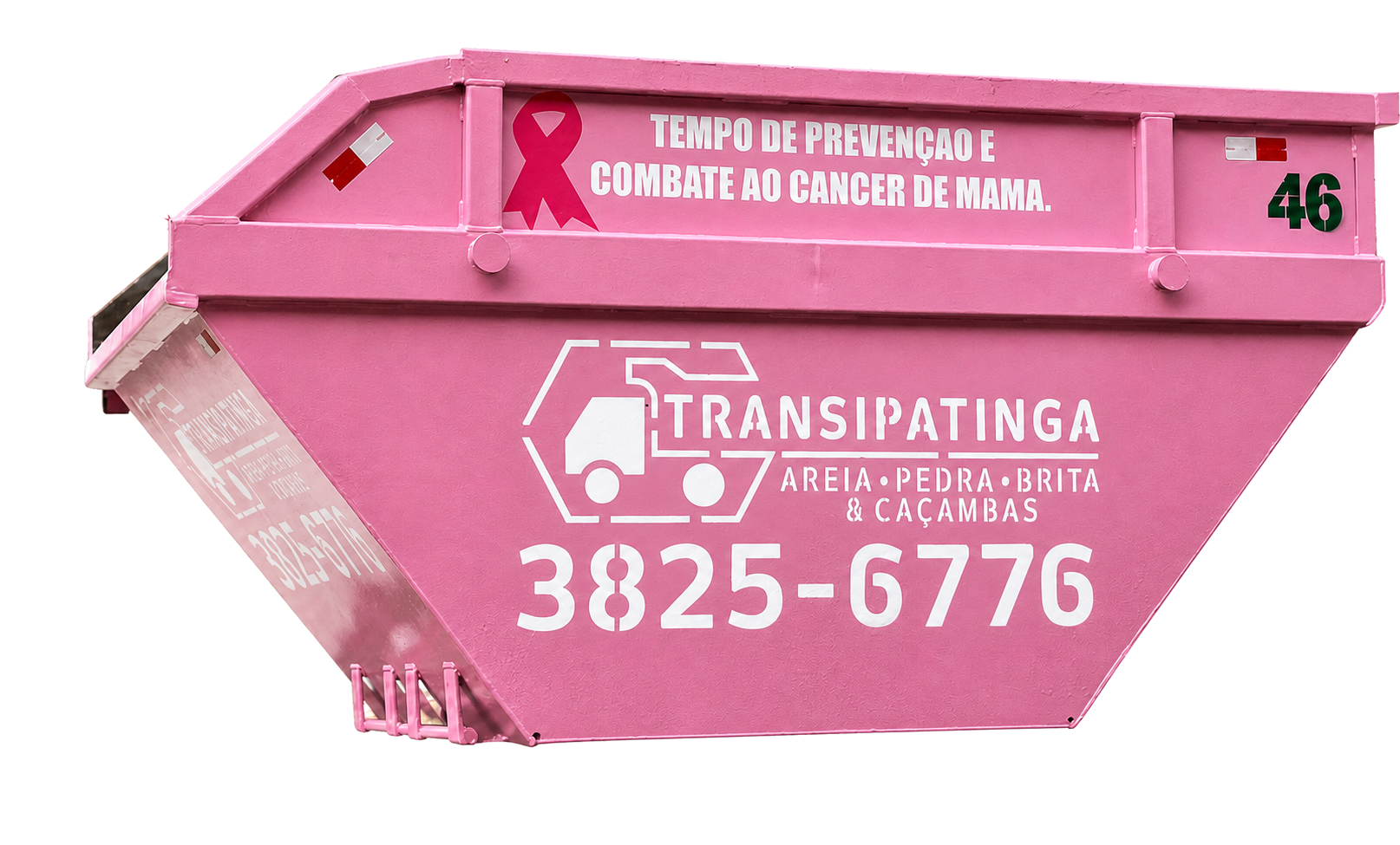 Caçamba rosa da Transipatinga com mensagem de prevenção e combate ao câncer de mama